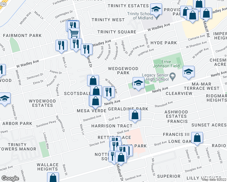 map of restaurants, bars, coffee shops, grocery stores, and more near 4315 West Dengar Avenue in Midland