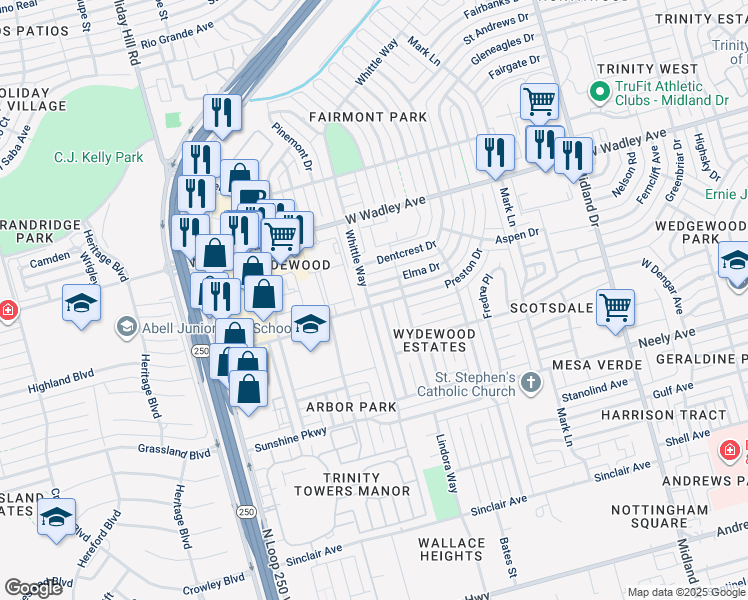 map of restaurants, bars, coffee shops, grocery stores, and more near 4810 Preston Drive in Midland