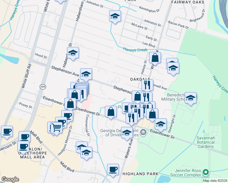 map of restaurants, bars, coffee shops, grocery stores, and more near 6803 Waters Avenue in Savannah