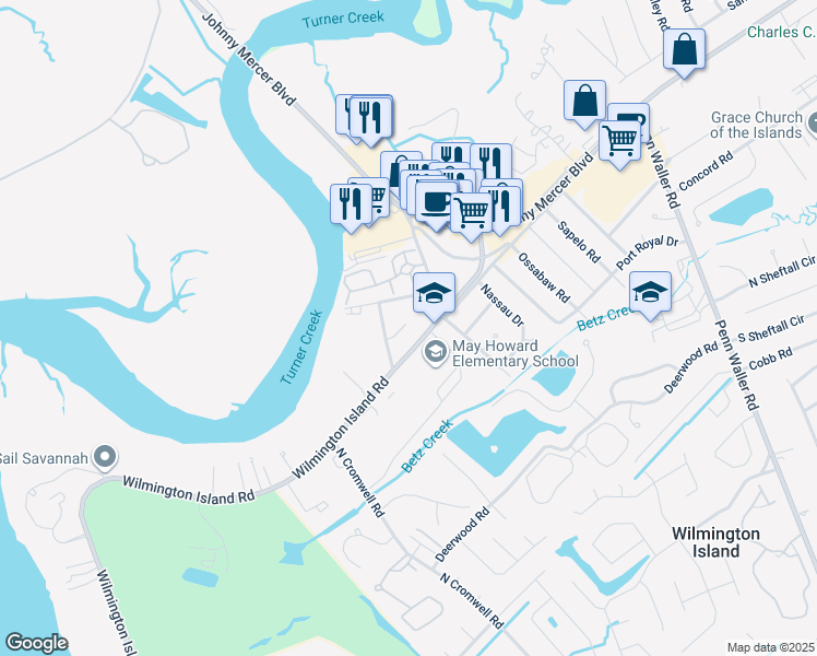 map of restaurants, bars, coffee shops, grocery stores, and more near 124 Wilmington Island Road in Savannah