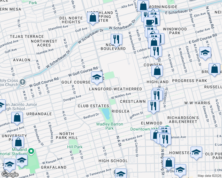 map of restaurants, bars, coffee shops, grocery stores, and more near in Midland