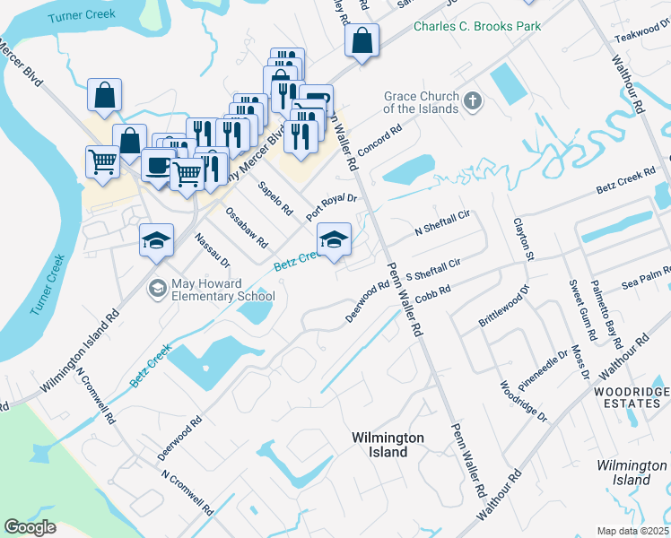 map of restaurants, bars, coffee shops, grocery stores, and more near 601 Penn Waller Road in Savannah