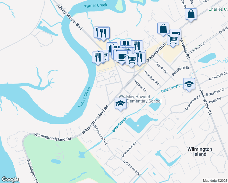 map of restaurants, bars, coffee shops, grocery stores, and more near 124 Wilmington Island Road in Savannah