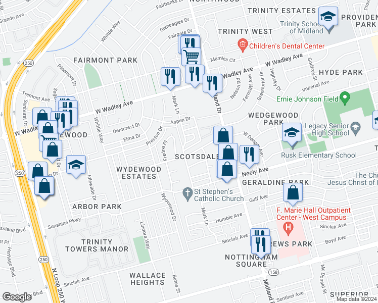 map of restaurants, bars, coffee shops, grocery stores, and more near 4510 West Dengar Avenue in Midland