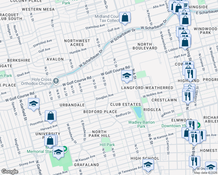 map of restaurants, bars, coffee shops, grocery stores, and more near 1601 North C Street in Midland