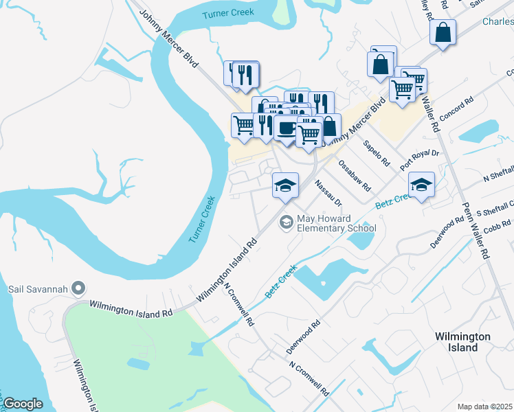 map of restaurants, bars, coffee shops, grocery stores, and more near 107 Palmetto Drive in Savannah