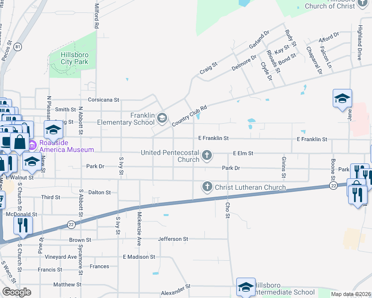 map of restaurants, bars, coffee shops, grocery stores, and more near 806 East Franklin Street in Hillsboro