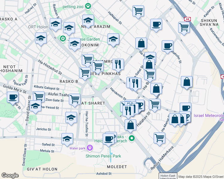 map of restaurants, bars, coffee shops, grocery stores, and more near 1 Harokmim Street in Holon