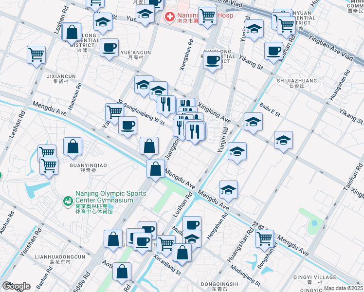 map of restaurants, bars, coffee shops, grocery stores, and more near 227号 Jiangdong Middle Road in Nanjing