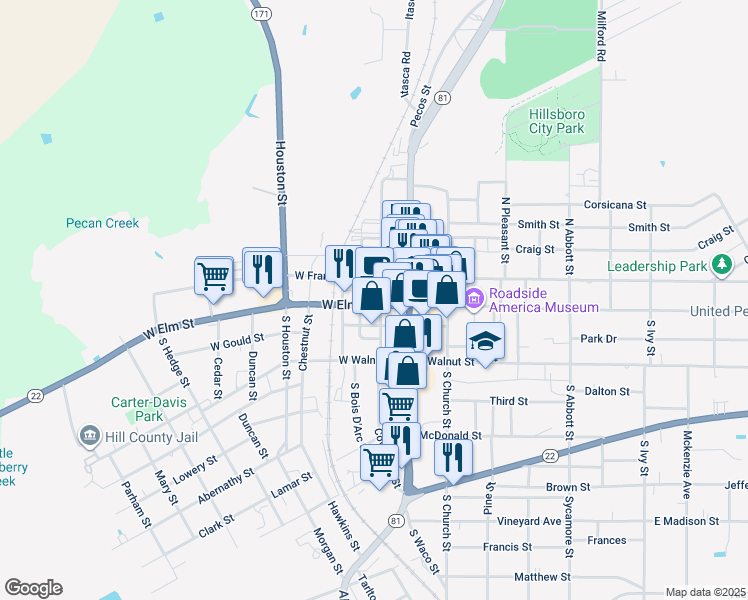 map of restaurants, bars, coffee shops, grocery stores, and more near 77 North Waco Street in Hillsboro