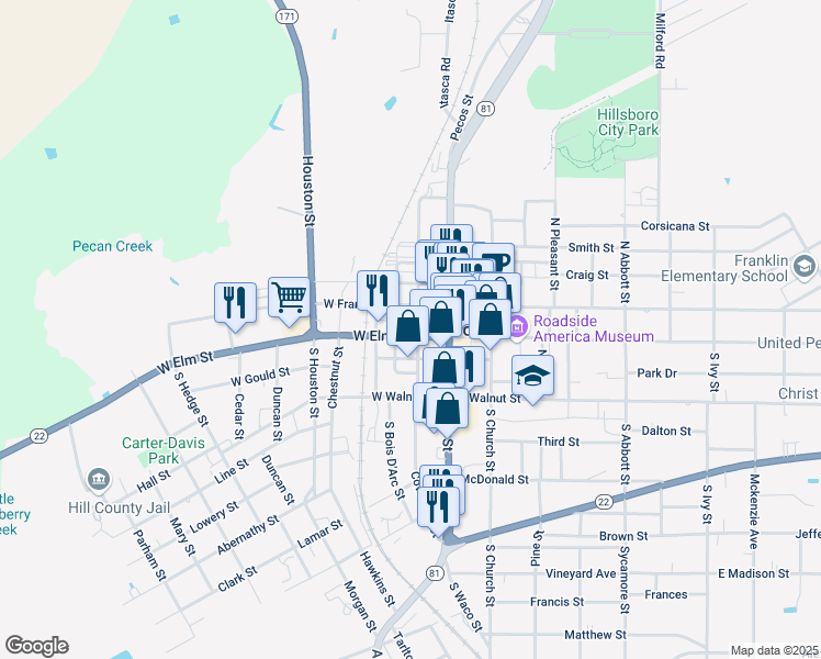map of restaurants, bars, coffee shops, grocery stores, and more near 77 North Waco Street in Hillsboro