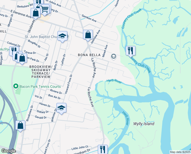 map of restaurants, bars, coffee shops, grocery stores, and more near 5608 La Roche Avenue in Savannah