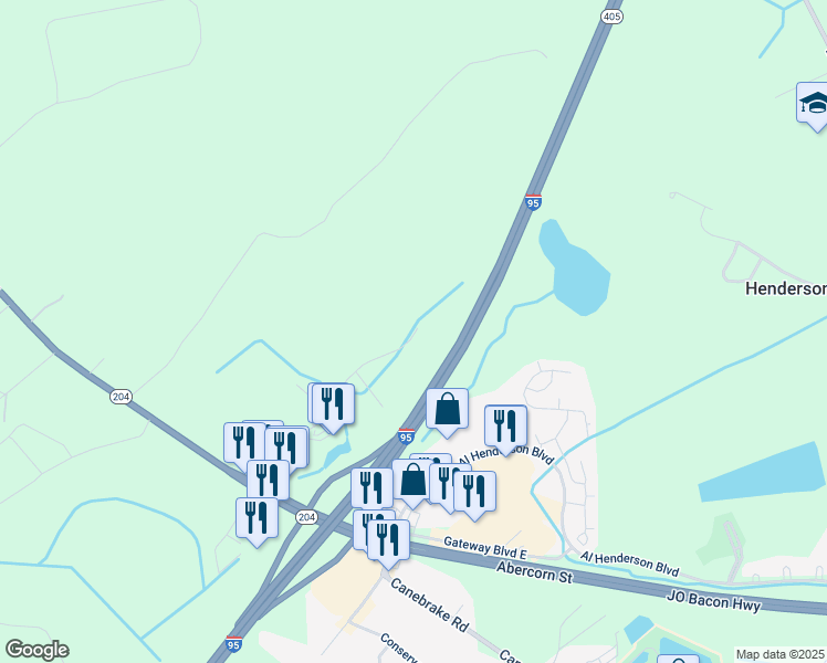 map of restaurants, bars, coffee shops, grocery stores, and more near 99 Gateway Boulevard West in Savannah