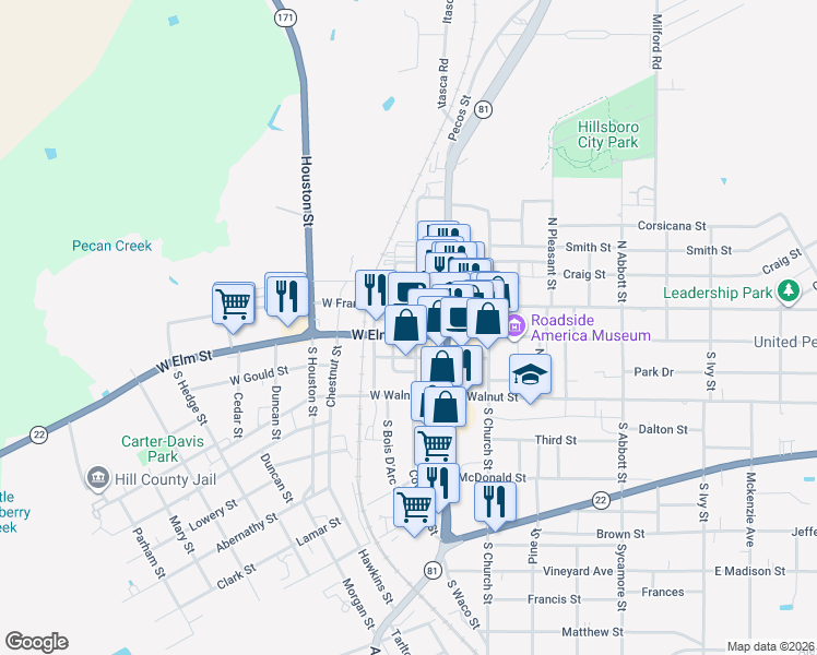 map of restaurants, bars, coffee shops, grocery stores, and more near 77 North Waco Street in Hillsboro