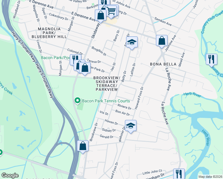 map of restaurants, bars, coffee shops, grocery stores, and more near 5899 Fairview Avenue in Savannah