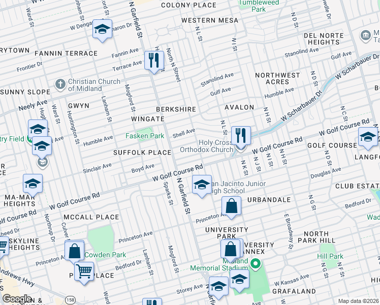 map of restaurants, bars, coffee shops, grocery stores, and more near 2209 Sinclair Avenue in Midland