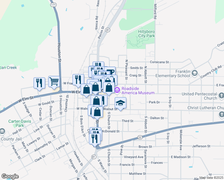map of restaurants, bars, coffee shops, grocery stores, and more near 200 E Franklin St in Hillsboro