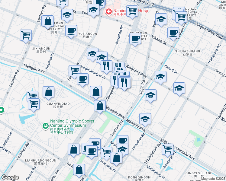 map of restaurants, bars, coffee shops, grocery stores, and more near Jiang Dong Zhong Lu in Nanjing Shi