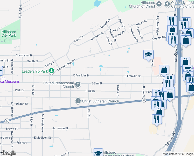 map of restaurants, bars, coffee shops, grocery stores, and more near 1014 East Franklin Street in Hillsboro