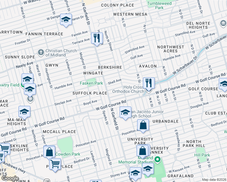 map of restaurants, bars, coffee shops, grocery stores, and more near 2209 Sinclair Avenue in Midland
