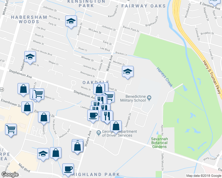 map of restaurants, bars, coffee shops, grocery stores, and more near 1150 Cornell Ave in Savannah