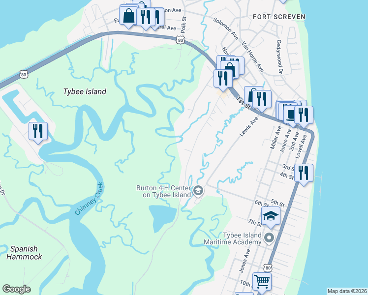 map of restaurants, bars, coffee shops, grocery stores, and more near 145 South Campbell Avenue in Tybee Island