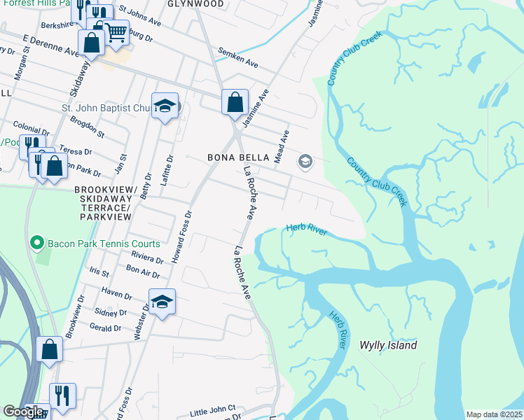map of restaurants, bars, coffee shops, grocery stores, and more near 5608 La Roche Avenue in Savannah