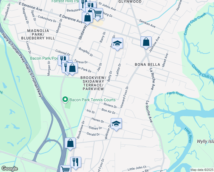 map of restaurants, bars, coffee shops, grocery stores, and more near 1 Silverstone Circle in Savannah