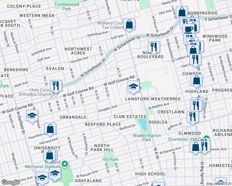 map of restaurants, bars, coffee shops, grocery stores, and more near 1601 N C St in Midland