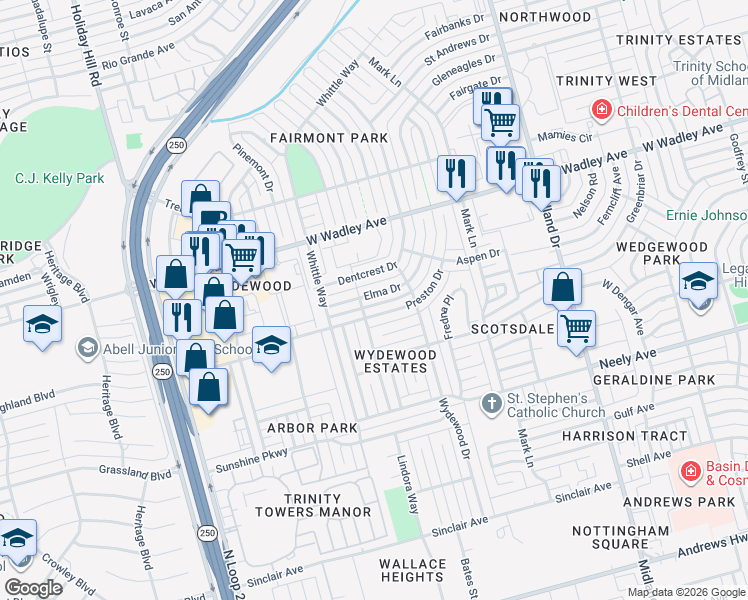 map of restaurants, bars, coffee shops, grocery stores, and more near 4713 Elma Drive in Midland