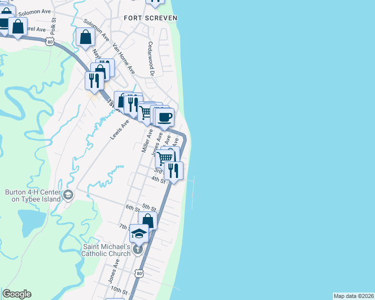 map of restaurants, bars, coffee shops, grocery stores, and more near 112 U.S. 80 in Tybee Island