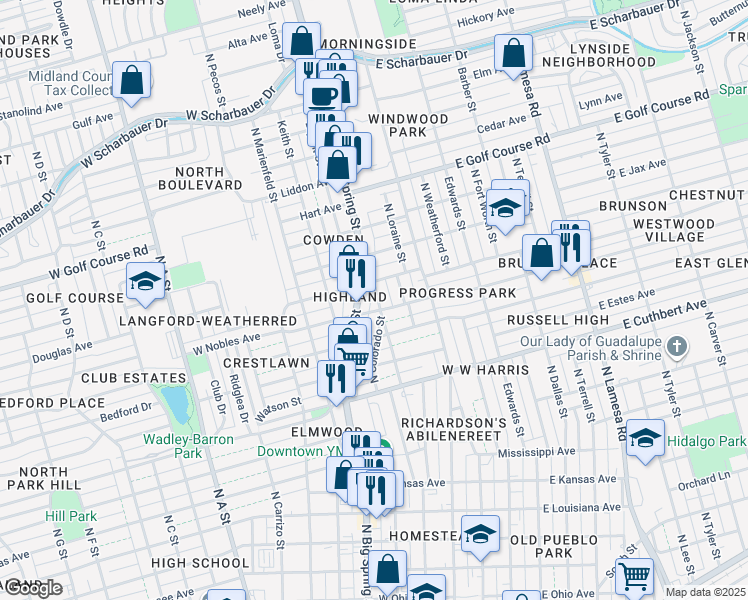 map of restaurants, bars, coffee shops, grocery stores, and more near 1403 Whitaker Street in Midland