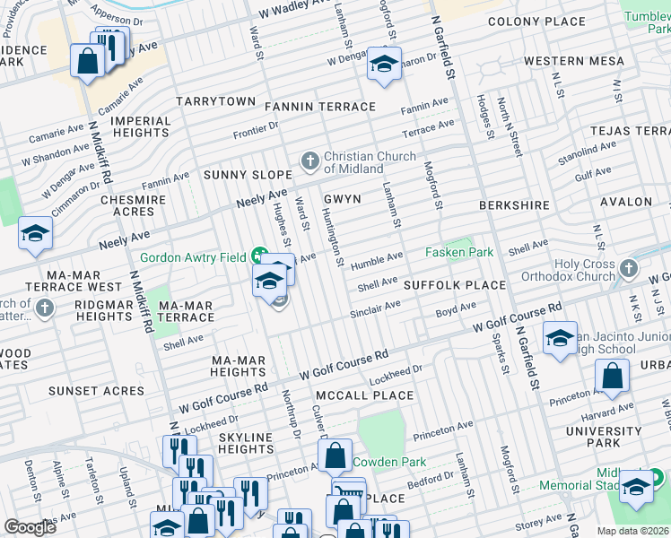 map of restaurants, bars, coffee shops, grocery stores, and more near 2001 Huntington St in Midland