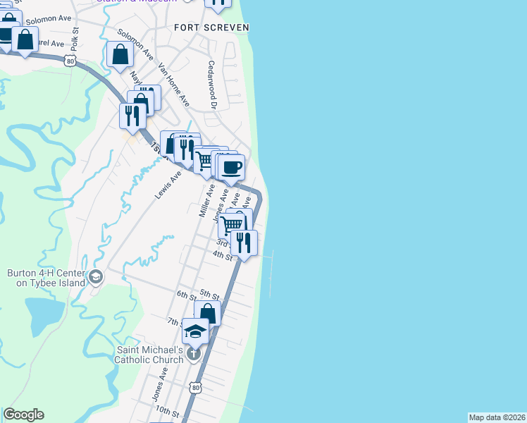 map of restaurants, bars, coffee shops, grocery stores, and more near 112 U.S. 80 in Tybee Island