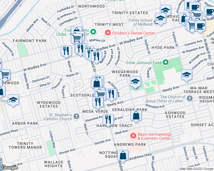 map of restaurants, bars, coffee shops, grocery stores, and more near 215 West Dengar Avenue in Midland