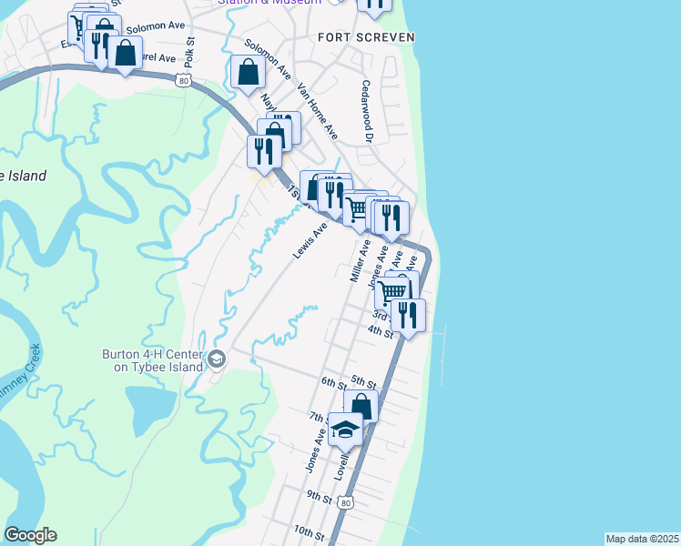 map of restaurants, bars, coffee shops, grocery stores, and more near 204 5th Avenue in Tybee Island