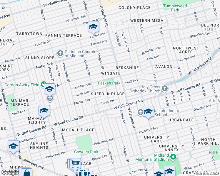 map of restaurants, bars, coffee shops, grocery stores, and more near 2305 Shell Avenue in Midland