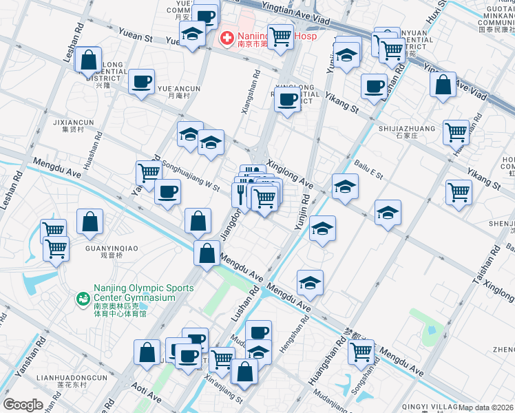 map of restaurants, bars, coffee shops, grocery stores, and more near in Nanjing