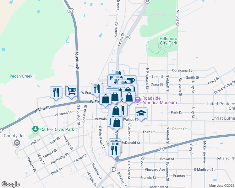 map of restaurants, bars, coffee shops, grocery stores, and more near 77 North Waco Street in Hillsboro