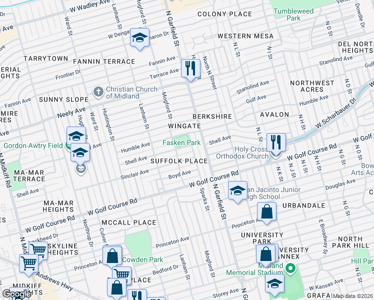 map of restaurants, bars, coffee shops, grocery stores, and more near 2305 Shell Avenue in Midland