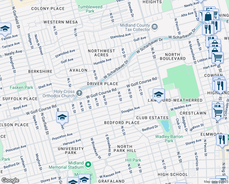 map of restaurants, bars, coffee shops, grocery stores, and more near 1605 N G St in Midland