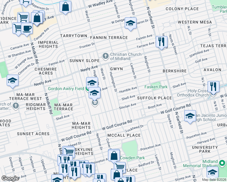 map of restaurants, bars, coffee shops, grocery stores, and more near 2001 Huntington Street in Midland