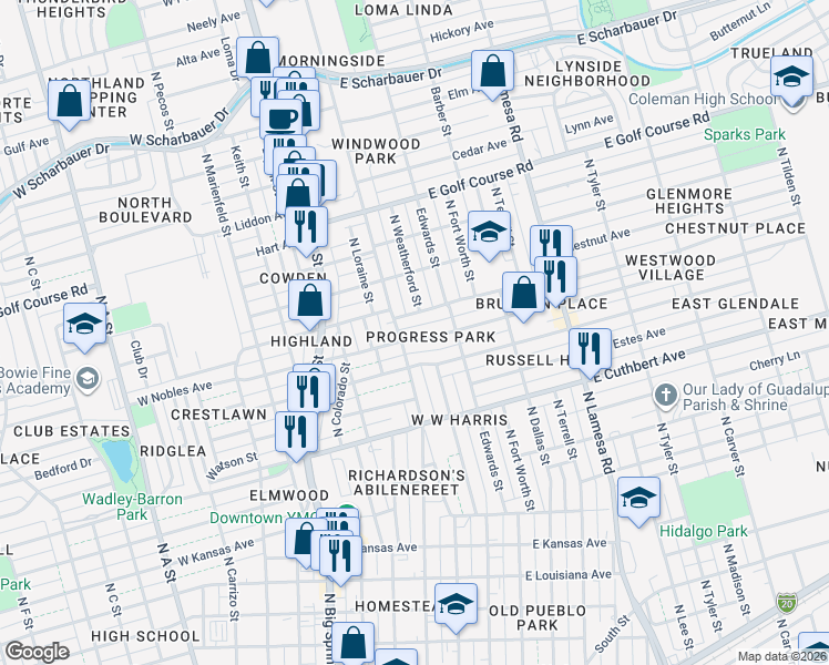 map of restaurants, bars, coffee shops, grocery stores, and more near 102 East Nobles Avenue in Midland