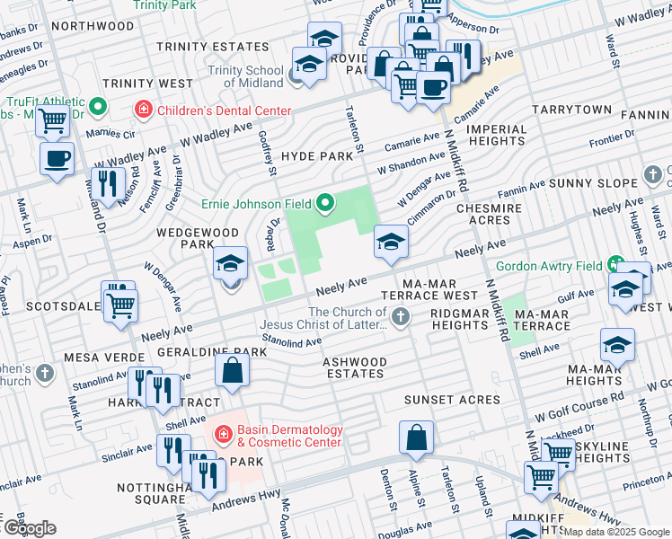 map of restaurants, bars, coffee shops, grocery stores, and more near 3500 Neely Avenue in Midland
