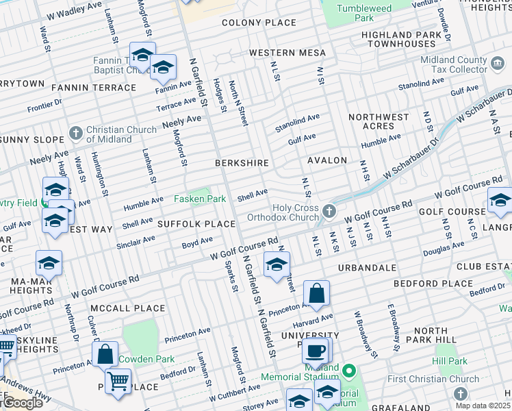 map of restaurants, bars, coffee shops, grocery stores, and more near 2204 Sinclair Avenue in Midland