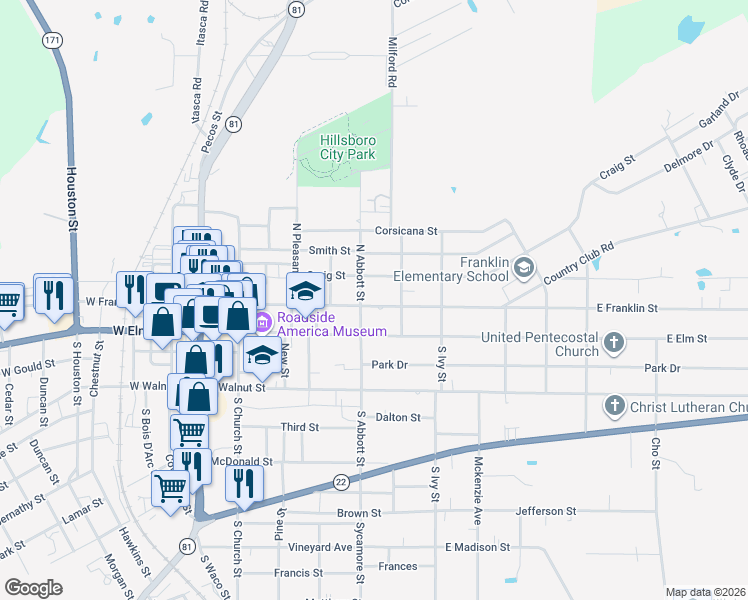 map of restaurants, bars, coffee shops, grocery stores, and more near 414 East Franklin Street in Hillsboro
