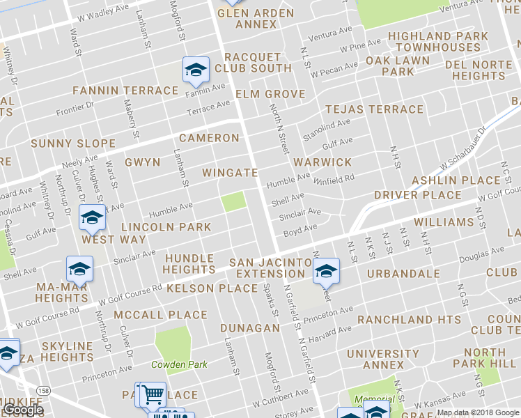 map of restaurants, bars, coffee shops, grocery stores, and more near 1903 North Garfield Street in Midland