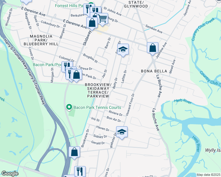 map of restaurants, bars, coffee shops, grocery stores, and more near 1 Silverstone Circle in Savannah