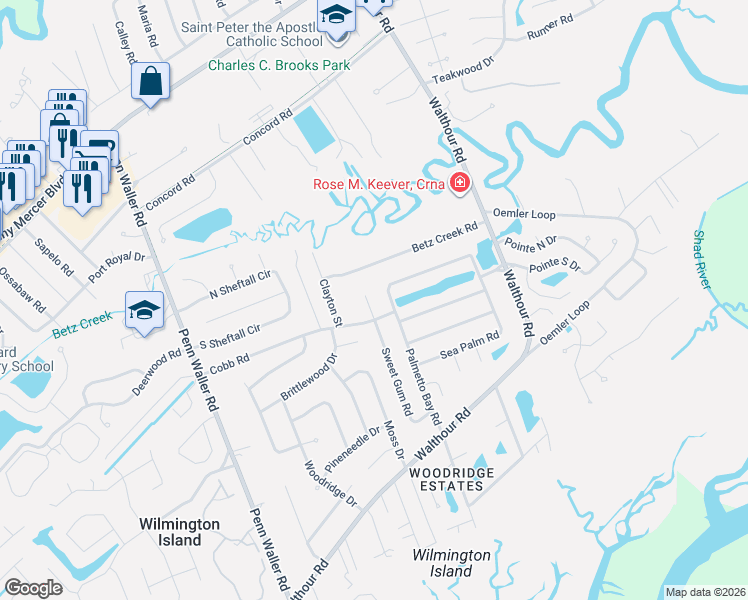 map of restaurants, bars, coffee shops, grocery stores, and more near 1201 Cobb Road in Savannah