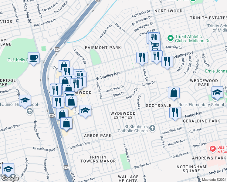 map of restaurants, bars, coffee shops, grocery stores, and more near 4713 Elma Dr in Midland